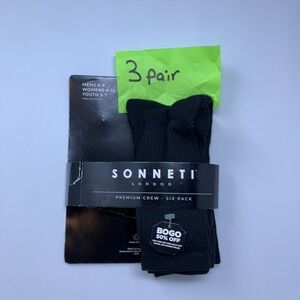 Sonneti London Unisex M 6-8 W 6-10 Black Premium Crew 3 Pair Socks NWT